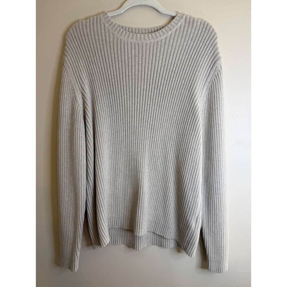 Eddie Bauer Mens 90s Vintage Large Gray Ribbed Knit 100% Cotton Crewneck Sweater